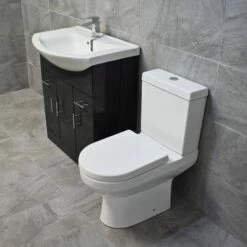 750mm Glossy Anthracite Sink Basin Vanity Unit Set Storage Unit + Toilet Set -Comparethebathroom Shop 17500 Anthracite Toilet Set Side