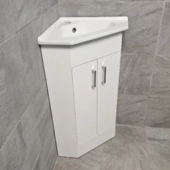 Corner Vanity Unit 2 Door Including Basin Sink Cloakroom Unit – Gloss White -Comparethebathroom Shop 2 door corner front side jpg webp