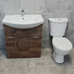 Comparethebathroom Shop 13 750mm Walnut Oak Sink Basin Vanity Unit Set Storage Unit + Toilet Set