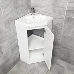 Alpine Duo 420mm Corner Vanity Unit Inc Basin Ex-bathstore White Cloakroom -Comparethebathroom Shop Alpine Duo 420mm Corner Vanity Unit Open jpg webp 1