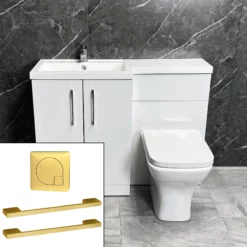 Arno 1100mm L Shape Vanity Sink + Toilet Suite With Brass Handles – Left Hand