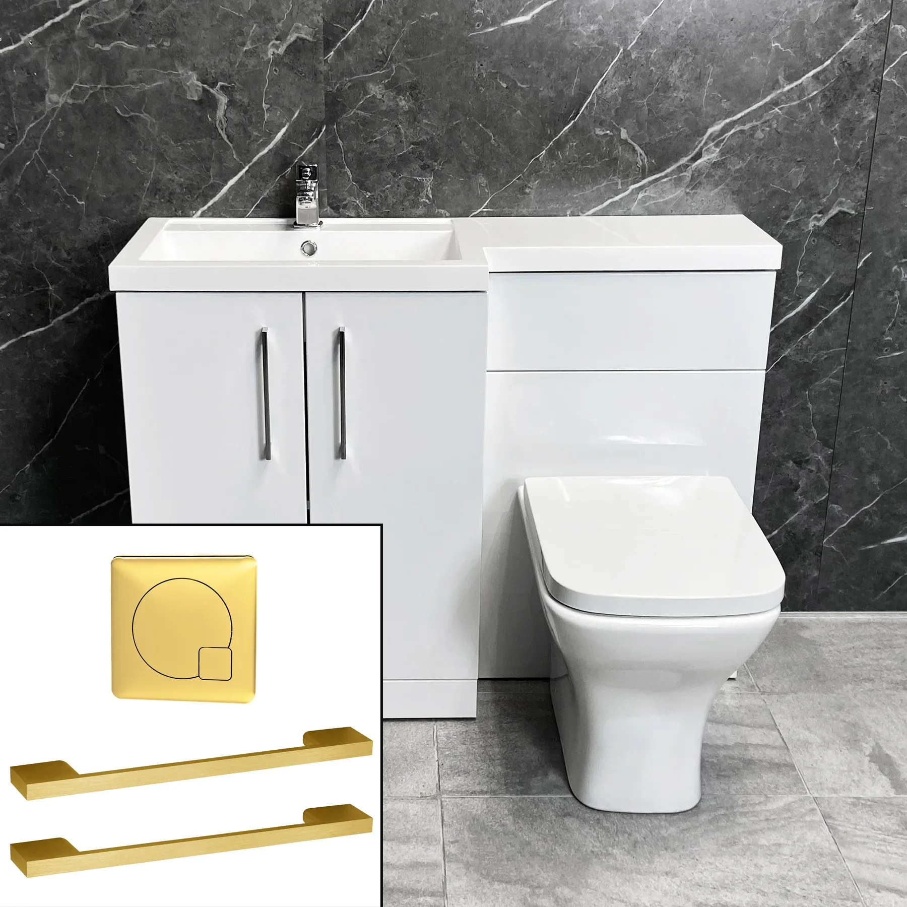 Arno 1100mm L Shape Vanity Sink + Toilet Suite With Brass Handles – Left Hand 3 Arno 1100mm L Shape Vanity Sink + Toilet Suite With Brass Handles – Left Hand