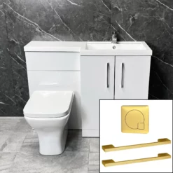 Arno 1100mm L Shape Vanity Sink + Toilet Suite With Brass Handles – Right Hand