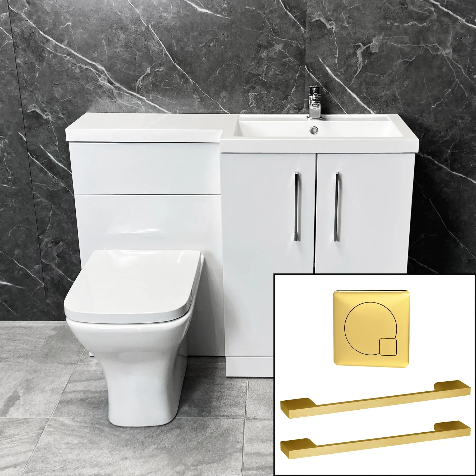 Arno 1100mm L Shape Vanity Sink + Toilet Suite With Brass Handles – Right Hand 3 Arno 1100mm L Shape Vanity Sink + Toilet Suite With Brass Handles – Right Hand