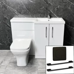 Arno 1100mm L Shape Vanity Sink + Toilet Suite With Black Handles – Right Hand