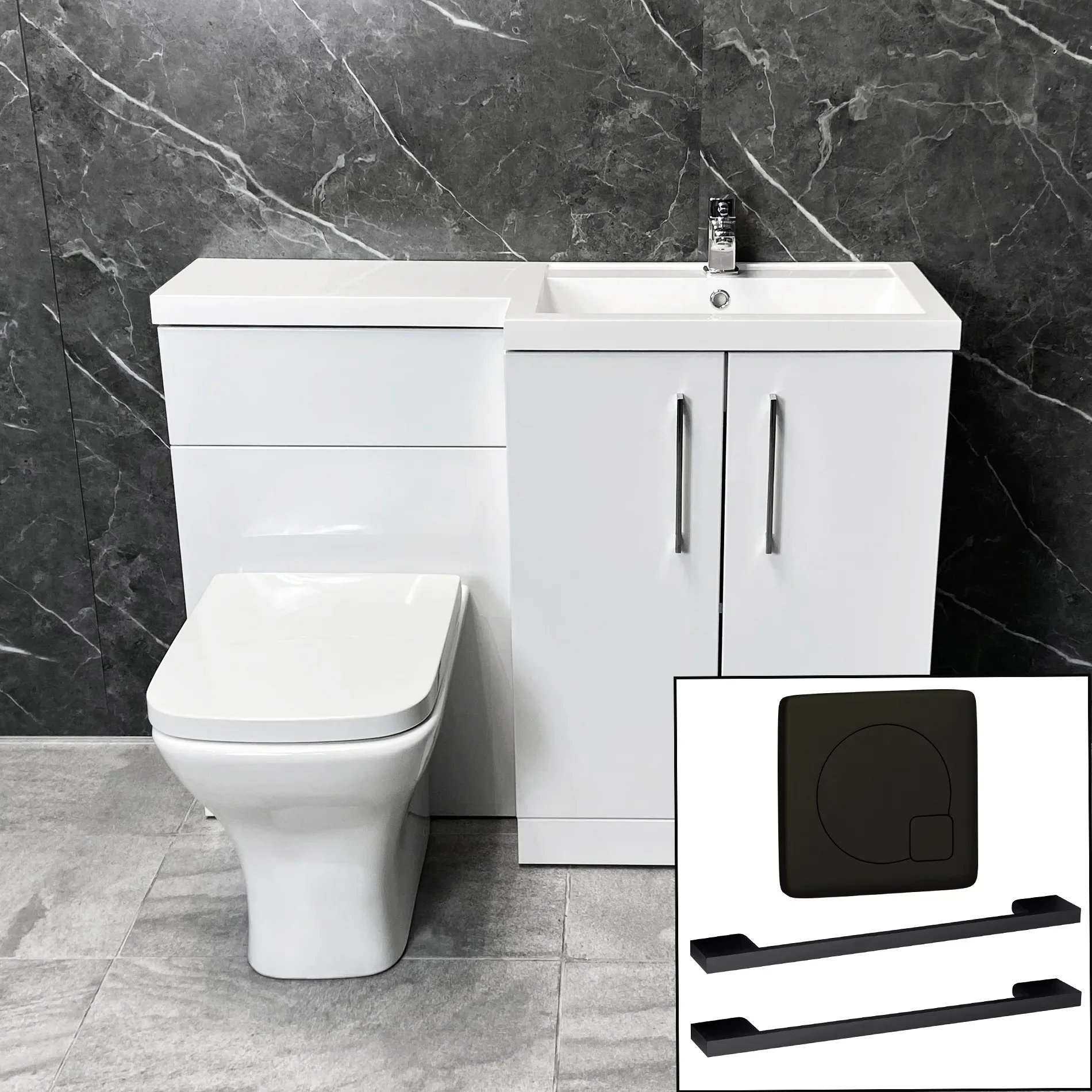 Arno 1100mm L Shape Vanity Sink + Toilet Suite With Black Handles – Right Hand 3 Arno 1100mm L Shape Vanity Sink + Toilet Suite With Black Handles – Right Hand