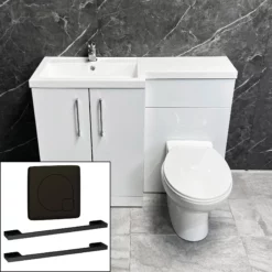 Arno 1100mm L Shape Vanity Sink + Toilet Suite With Black Handles – Left Hand -Comparethebathroom Shop Arno L Shape Vanity Set Std Pan Front KIT1003 A LH BLACK jpg webp