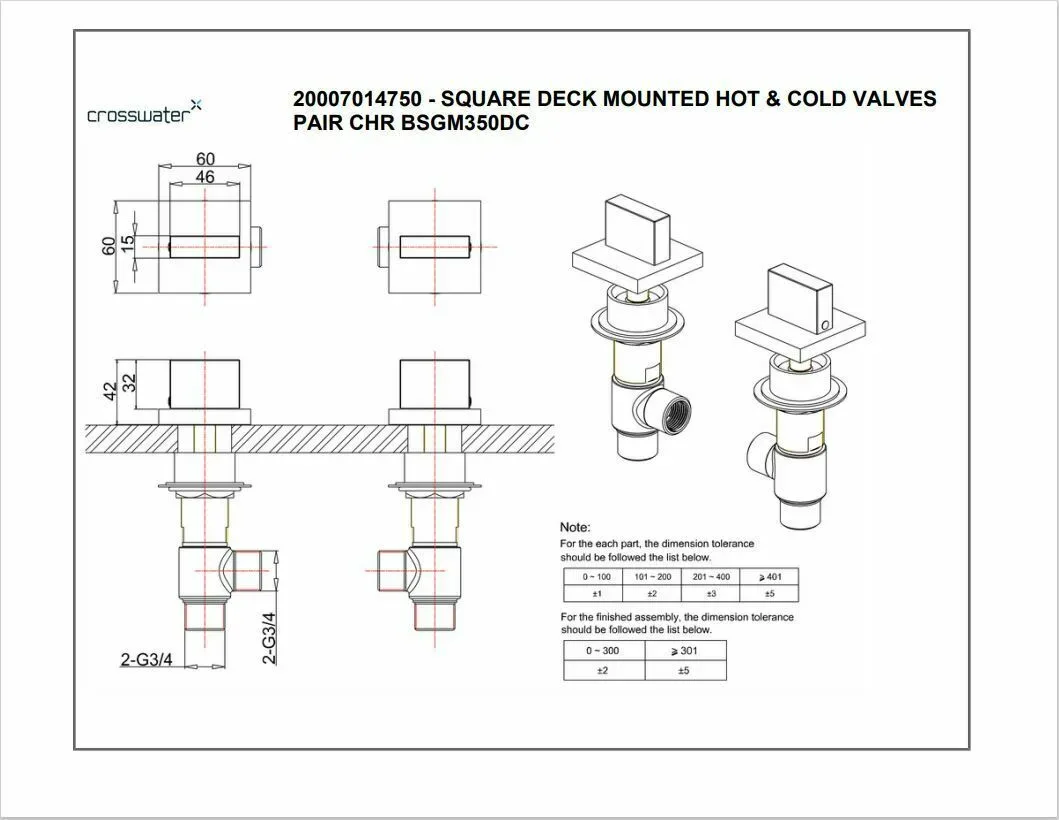 Ex-Bathstore Square Deck Mounted Chrome Hot And Cold Square Panel Valves 4 Ex-Bathstore Square Deck Mounted Chrome Hot And Cold Square Panel Valves - Image 2