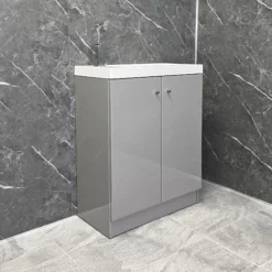 Ex-Bathstore Alpine Duo 660mm Grey Gloss Vanity Unit With Resin Basin Sink -Comparethebathroom Shop Bathstore Alpine Duo 660 Unit Grey Side