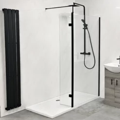 Ex-Bathstore Playtime Walk In Shower Glass Panel With Black Support Arm Wetroom