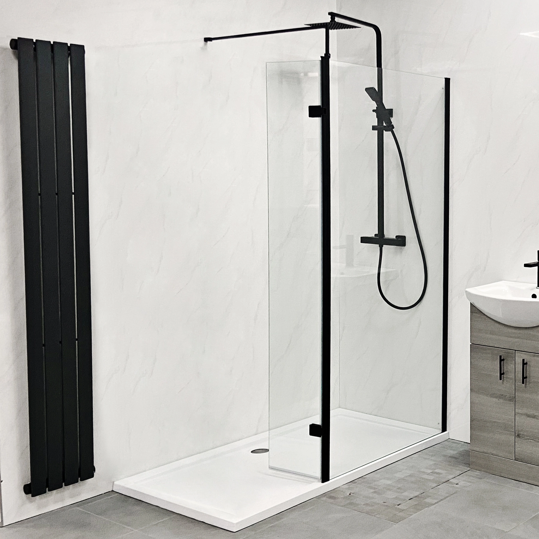 Ex-Bathstore Playtime Walk In Shower Glass Panel With Black Support Arm Wetroom 3 Ex-Bathstore Playtime Walk In Shower Glass Panel With Black Support Arm Wetroom