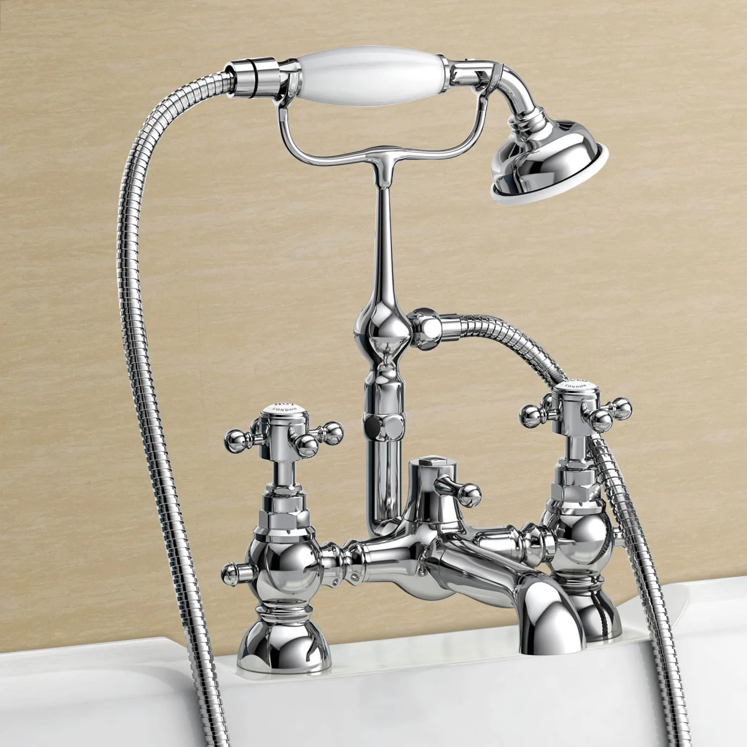 Comfrey Traditional Deck Mounted Bath Shower Mixer By Hydros White / Chrome 3 Comfrey Traditional Deck Mounted Bath Shower Mixer By Hydros White / Chrome