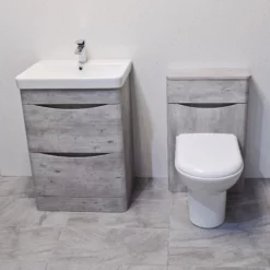 Aegean Light Concrete Grey Bathroom Furniture Set 600mm Basin Unit + Toilet -Comparethebathroom Shop Concrete suite front angle2 jpg webp