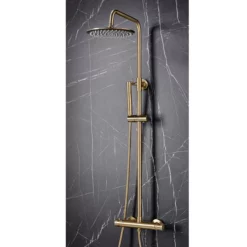 Core Brushed Brass Thermostatic Round Rigid Riser Shower Valve Two Heads