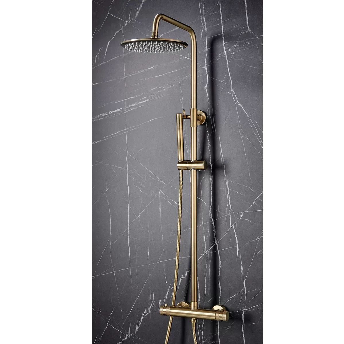 Core Brushed Brass Thermostatic Round Rigid Riser Shower Valve Two Heads 3 Core Brushed Brass Thermostatic Round Rigid Riser Shower Valve Two Heads