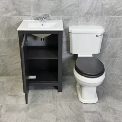 Derby Traditional Dark Grey Vanity Unit + Carlton Toilet Set Cloakroom Suite -Comparethebathroom Shop Derby 500 DGO Carlton Colour Seat Open jpg webp