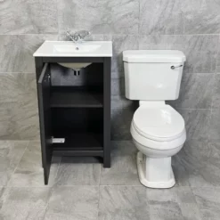 Derby Traditional Dark Grey Vanity Unit + Carlton Toilet Set Cloakroom Suite -Comparethebathroom Shop Derby 500 DGO Carlton White Seat Open jpg webp