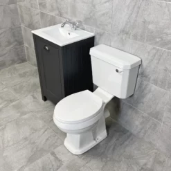 Derby Traditional Dark Grey Vanity Unit + Carlton Toilet Set Cloakroom Suite -Comparethebathroom Shop Derby 500 DGO Carlton White Seat Side jpg webp