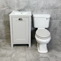 Derby Traditional Light Grey Vanity Unit + Carlton Toilet Set Cloakroom Suite -Comparethebathroom Shop Derby 500 LGO Carlton Colour Seat Front jpg webp