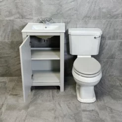 Derby Traditional Light Grey Vanity Unit + Carlton Toilet Set Cloakroom Suite -Comparethebathroom Shop Derby 500 LGO Carlton Colour Seat Open jpg webp