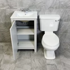 Derby Traditional Light Grey Vanity Unit + Carlton Toilet Set Cloakroom Suite -Comparethebathroom Shop Derby 500 LGO Carlton White Seat Open jpg webp