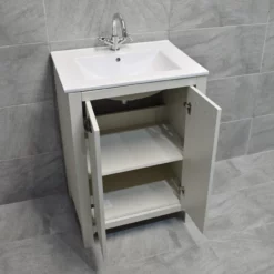 Derby Vanity Basin Sink Unit + Toilet Bathroom Suite – Mussel Oak -Comparethebathroom Shop Derby sink doors open02 jpg webp 1