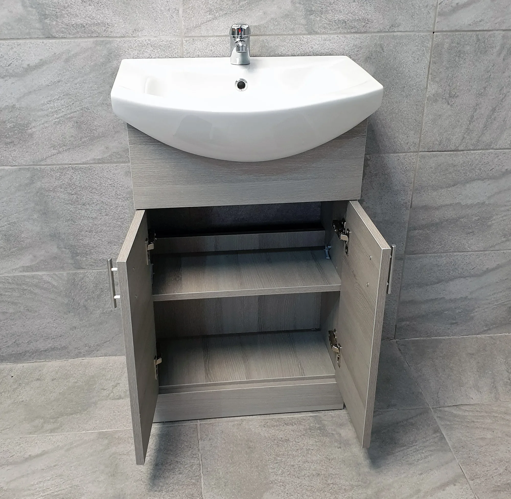 Grey Ash Finish Vanity Basin Sink Unit 550mm Bathroom Storage Cupboard 2 Door 5 Grey Ash Finish Vanity Basin Sink Unit 550mm Bathroom Storage Cupboard 2 Door - Image 3