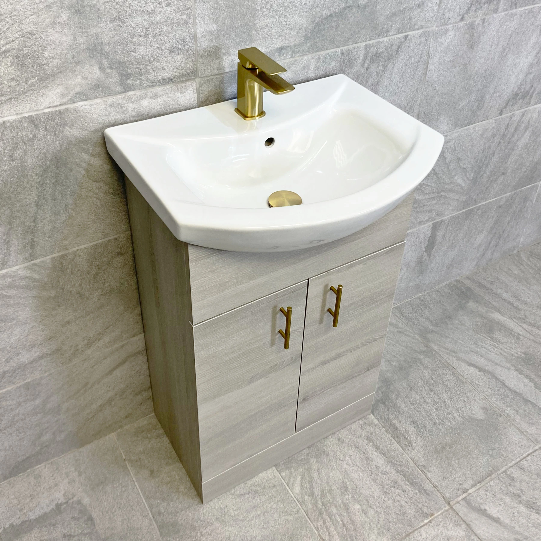 Mediterranean 550mm Grey Ash Vanity Basin Sink Unit With Brushed Brass Handles 4 Mediterranean 550mm Grey Ash Vanity Basin Sink Unit With Brushed Brass Handles - Image 2