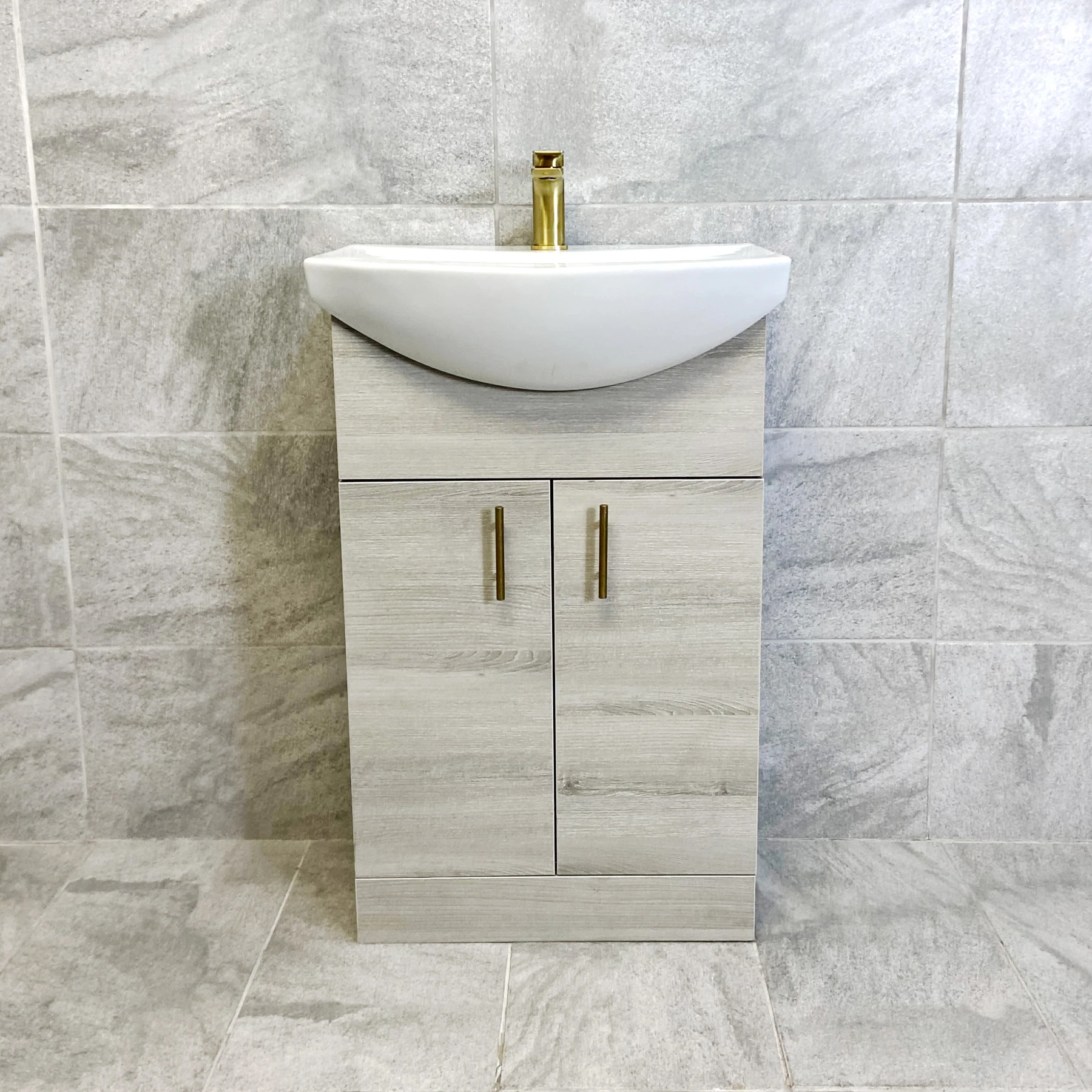 Mediterranean 550mm Grey Ash Vanity Basin Sink Unit With Brushed Brass Handles 5 Mediterranean 550mm Grey Ash Vanity Basin Sink Unit With Brushed Brass Handles - Image 3