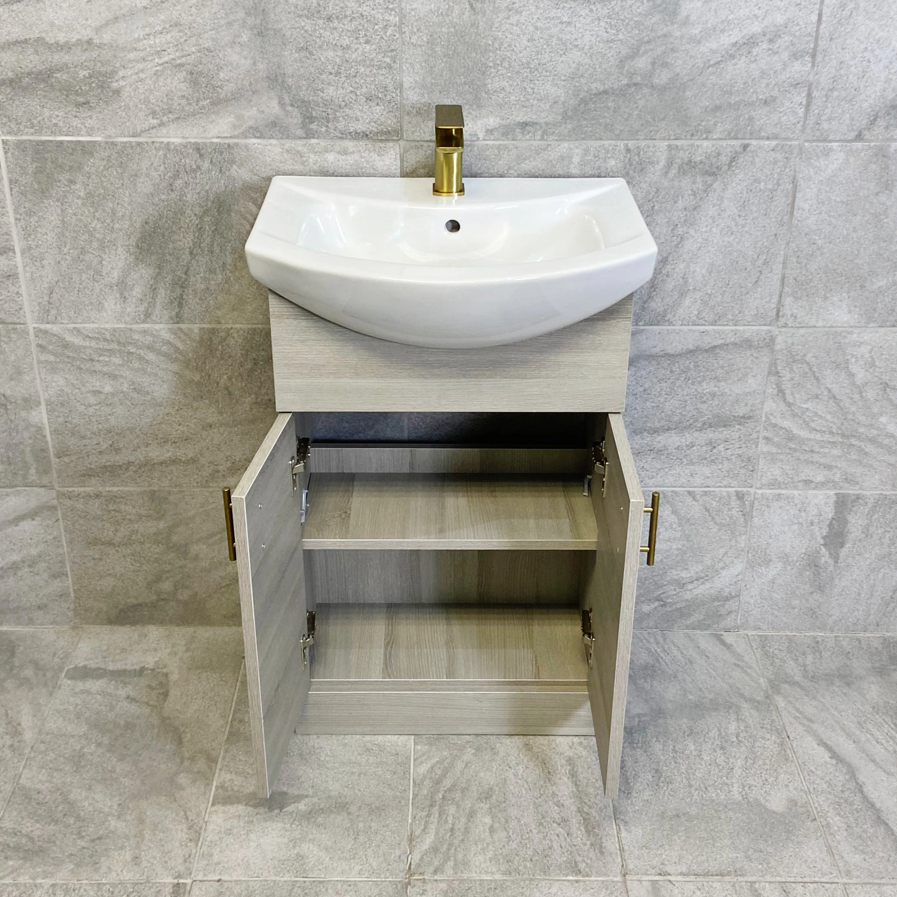 Mediterranean 550mm Grey Ash Vanity Basin Sink Unit With Brushed Brass Handles 6 Mediterranean 550mm Grey Ash Vanity Basin Sink Unit With Brushed Brass Handles - Image 4