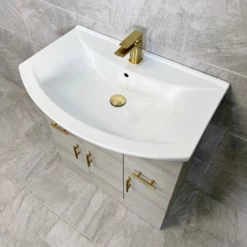 Mediterranean 750mm Grey Ash Vanity Basin Sink Unit With Brushed Brass Handles 9 Mediterranean 750mm Grey Ash Vanity Basin Sink Unit With Brushed Brass Handles -Comparethebathroom Shop Grey Ash 750 BB Compare Basin