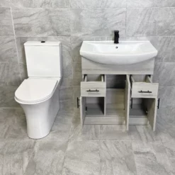 750mm Grey Ash Vanity Unit & Cam Open Or Closed Back Toilet Bathroom Set 14 750mm Grey Ash Vanity Unit & Cam Open Or Closed Back Toilet Bathroom Set -Comparethebathroom Shop Grey Ash 750 Black Handles Cam Toilet Compare CB Open