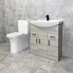 750mm Grey Ash Vanity Unit & Cam Open Or Closed Back Toilet Bathroom Set 13 750mm Grey Ash Vanity Unit & Cam Open Or Closed Back Toilet Bathroom Set -Comparethebathroom Shop Grey Ash 750 Black Handles Cam Toilet Compare CB Side