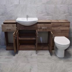 1740mm Walnut Oak Finish Bathroom Furniture Storage Suite Set Sink + Toilet -Comparethebathroom Shop KIT724 A 1740 Walnut Vanity Pippa Basin Doors