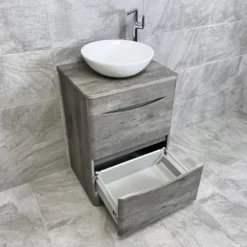 Aegean Floorstanding Vanity & WC Set Unit With Wok Basin & Tap In 4 Colours -Comparethebathroom Shop KIT900 DC dark concrete FS with Wok Basin Open Lower jpg webp 2
