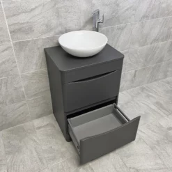 Aegean Floorstanding Bathroom Vanity Unit With Wok Basin & Tap In 4 Colours 25 Aegean Floorstanding Bathroom Vanity Unit With Wok Basin & Tap In 4 Colours -Comparethebathroom Shop KIT900 DG matt dark grey FS with Wok Basin Open Lower jpg webp