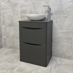 Aegean Floorstanding Vanity & Toilet Set Unit With Wok Basin & Tap In 4 Colours -Comparethebathroom Shop KIT900 DG matt dark grey FS with Wok Basin Side jpg webp 1