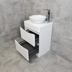 Aegean Floorstanding Vanity & Toilet Set Unit With Wok Basin & Tap In 4 Colours -Comparethebathroom Shop KIT900 WG white gloss FS with Wok Basin Open jpg webp 1