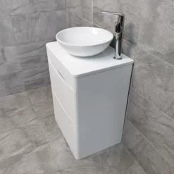Aegean Floorstanding Bathroom Vanity Unit With Wok Basin & Tap In 4 Colours 29 Aegean Floorstanding Bathroom Vanity Unit With Wok Basin & Tap In 4 Colours -Comparethebathroom Shop KIT900 WG white gloss FS with Wok Basin Side jpg webp