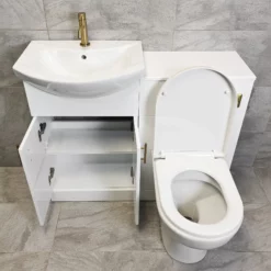 White 1050mm Bathroom Vanity Suite Sink + Toilet + Gold Brushed Brass Handles -Comparethebathroom Shop Kit932 Compare 1050 Vanity WC Brass Open jpg webp