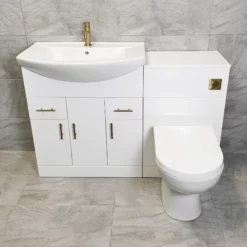 1250 1350 1450 Bathroom Vanity Suite With Sink + Toilet + Brushed Brass Handles