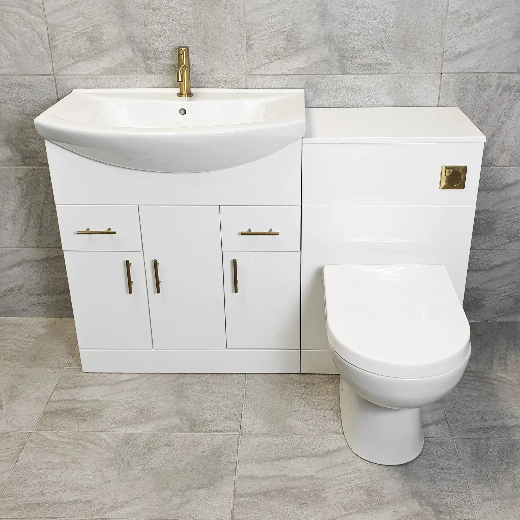 1250 1350 1450 Bathroom Vanity Suite With Sink + Toilet + Brushed Brass Handles 3 1250 1350 1450 Bathroom Vanity Suite With Sink + Toilet + Brushed Brass Handles