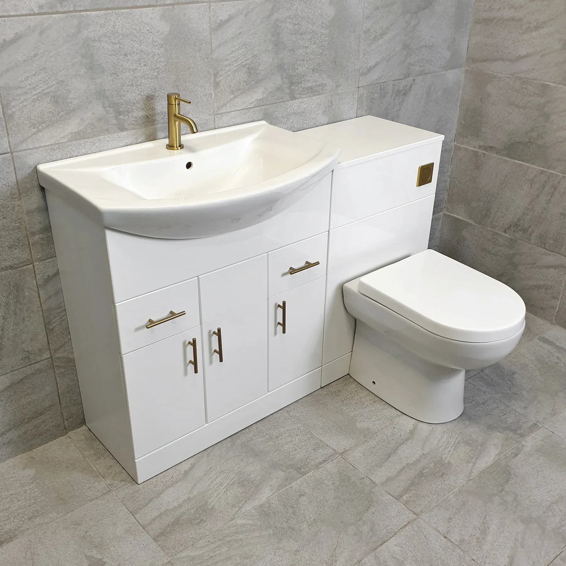 1250 1350 1450 Bathroom Vanity Suite With Sink + Toilet + Brushed Brass Handles 5 1250 1350 1450 Bathroom Vanity Suite With Sink + Toilet + Brushed Brass Handles - Image 3