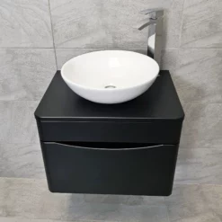Aegean Satin Black Wall Hung Vanity & WC Set Unit With Wok Basin & Tap -Comparethebathroom Shop Moonstone Wall Hung Satin Black Wok Front
