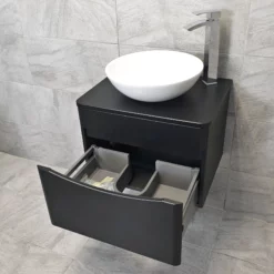 Aegean Satin Black Wall Hung Vanity & WC Set Unit With Wok Basin & Tap -Comparethebathroom Shop Moonstone Wall Hung Satin Black Wok Open