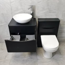 Aegean Satin Black Wall Hung Vanity & WC Set Unit With Wok Basin & Tap -Comparethebathroom Shop Moonstone Wall Hung Satin Black Wok WC Open