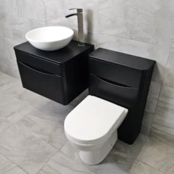 Aegean Satin Black Wall Hung Vanity & WC Set Unit With Wok Basin & Tap -Comparethebathroom Shop Moonstone Wall Hung Satin Black Wok WC Side