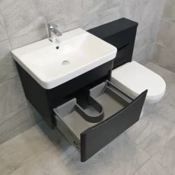 Aegean Wall Hung Vanity Basin Sink & Toilet Unit Set Suite Satin Black -Comparethebathroom Shop Moonstone Wall hung Satin Black WC Open jpg webp