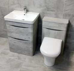 Aegean Light Concrete Grey Bathroom Furniture Set 600mm Basin Unit + Toilet -Comparethebathroom Shop Moonstone light concrete vanity set 02 KIT667 Comp May 18 jpg webp