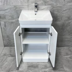Pacific 500mm Curved Vanity Sink Unit + Ceramic Basin Bathroom Storage White 12 Pacific 500mm Curved Vanity Sink Unit + Ceramic Basin Bathroom Storage White -Comparethebathroom Shop Perla 500 Basin Open jpg webp 1